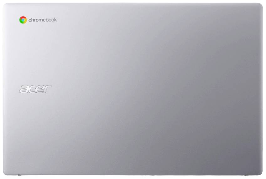 Silberner Laptopdeckel eines Acer Chromebooks, geschlossen, zeigt das Acer-Logo und das Chrome-Logo in der linken oberen Ecke.