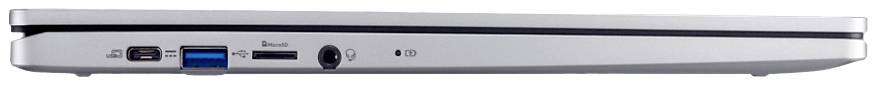 Ein seitlicher Blick auf einen schlanken, silbernen Laptop im geschlossenen Zustand, zeigt mehrere Anschlüsse und einen Lüftungsschlitz.