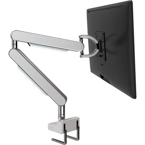 Ein verstellbarer Monitorarm aus Metall hält einen Flachbildschirm. Der Arm ist flexibel und für unterschiedliche Blickwinkel einstellbar.
