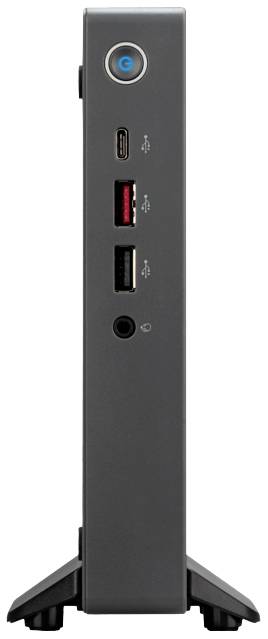 Ein kompakter, stehender Computer mit mehreren Frontanschlüssen, darunter USB-Ports und ein Kopfhöreranschluss, sowie eine Einschalttaste.