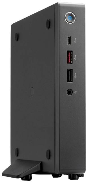 Ein kompakter, vertikal aufgestellter Mini-PC mit mehreren USB-Anschlüssen und Kopfhörerbuchse an der Vorderseite.
