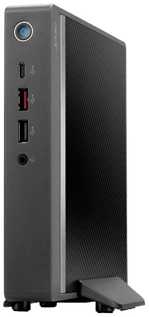 Ein kompakter, aufrecht stehender Mini-PC mit mehreren USB-Anschlüssen an der Front, geeignet für platzsparende Computerlösungen.