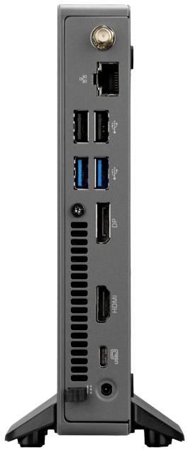 Ein kompakter, grauer Mini-PC mit verschiedenen Anschlüssen auf der Rückseite, darunter USB-Ports, HDMI, DP und Ethernet.
