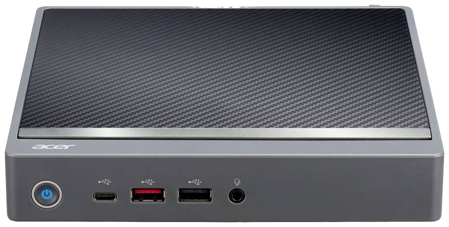 Ein kompakter Computer im rechteckigen Gehäuse von Acer, mit mehreren Anschlüssen und einem Power-Knopf an der Vorderseite.