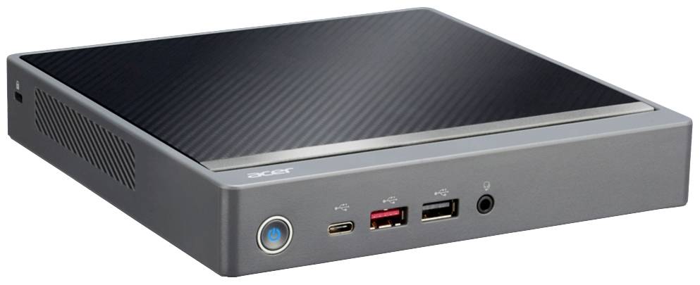 Ein kompakter Desktop-Computer mit mehreren Anschlüssen auf der Vorderseite, darunter USB, Audio, und ein Netzschalter.
