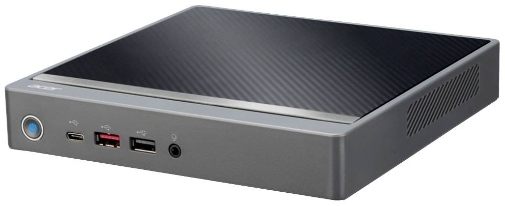 Kompakter Mini-PC mit einem Einschaltknopf, mehreren USB-Anschlüssen und Lüftungsschlitzen, geeignet für vielseitige Computeranwendungen.