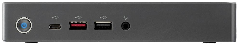 Ein graues Gerät mit vier Anschlüssen: USB-C, USB-A (rot und schwarz), eine Kopfhörerbuchse und ein großer runder Netzschalter links.