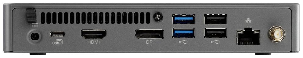 Rückseite eines Mini-PCs mit Anschlüssen: Strom, USB-C, HDMI, DisplayPort, vier USB, Ethernet und Antenne.
