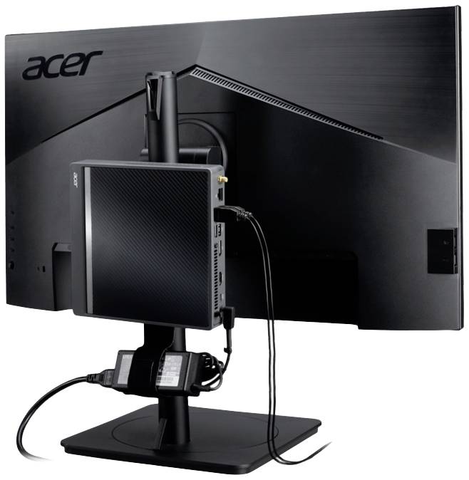 Rückseite eines Acer-Monitors mit einem kleinen Computer, der an der Halterung montiert ist. Kabel sind für Strom und Daten angeschlossen.