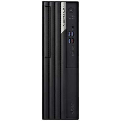Schwarzer Acer Veriton Desktop-Computer. Vertikale Vorderansicht mit USB-Anschlüssen, Audioanschluss und Power-Taste oben rechts.