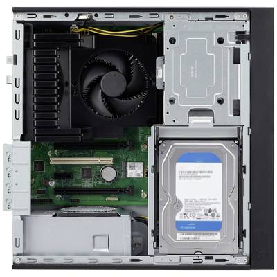 Geöffnetes Computergehäuse mit Sicht auf Mainboard, Lüfter, Festplatte und Netzteil. Interne Komponenten eines PCs in der Übersicht.