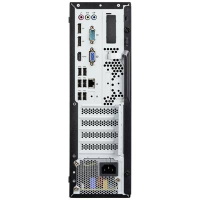 Rückseite eines Computergehäuses mit verschiedenen Anschlüssen wie HDMI, VGA, USB, Audioanschlüsse und Stromversorgung.