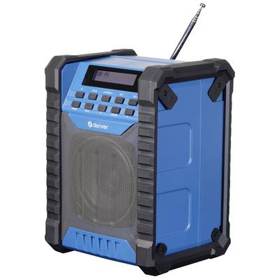 Blauer tragbarer Bluetooth-Lautsprecher mit robustem Design, schwarzer Rahmen, Display und Antenne. Markenname auf der Vorderseite.