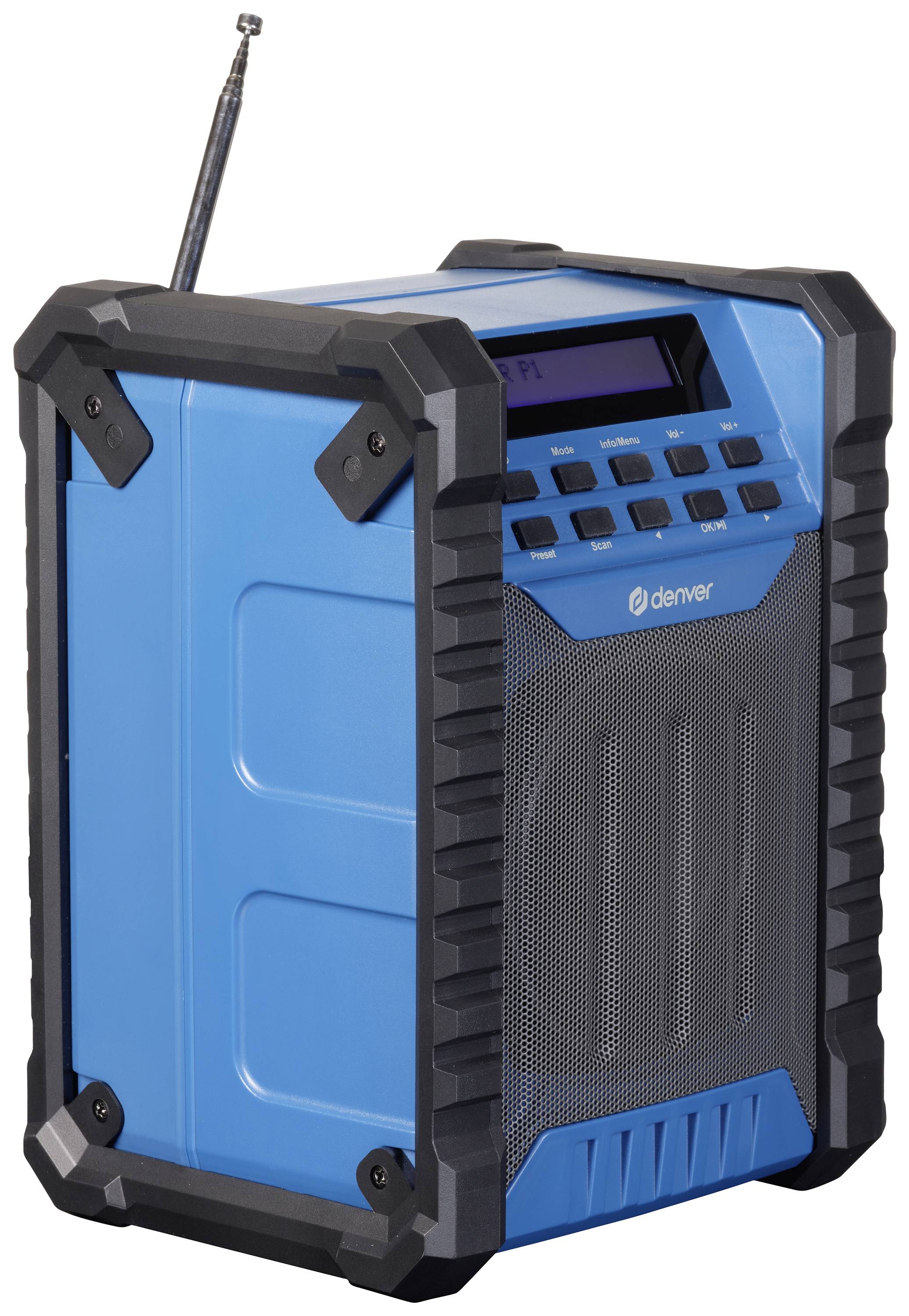 Ein tragbares, robustes, blau-schwarzes Radio mit Antenne und Tasten zur Steuerung. Ideal für den Einsatz im Freien.
