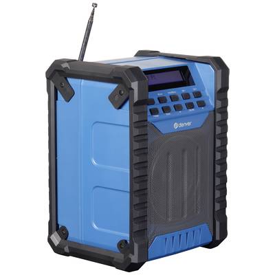 Ein tragbares, robustes, blau-schwarzes Radio mit Antenne und Tasten zur Steuerung. Ideal für den Einsatz im Freien.