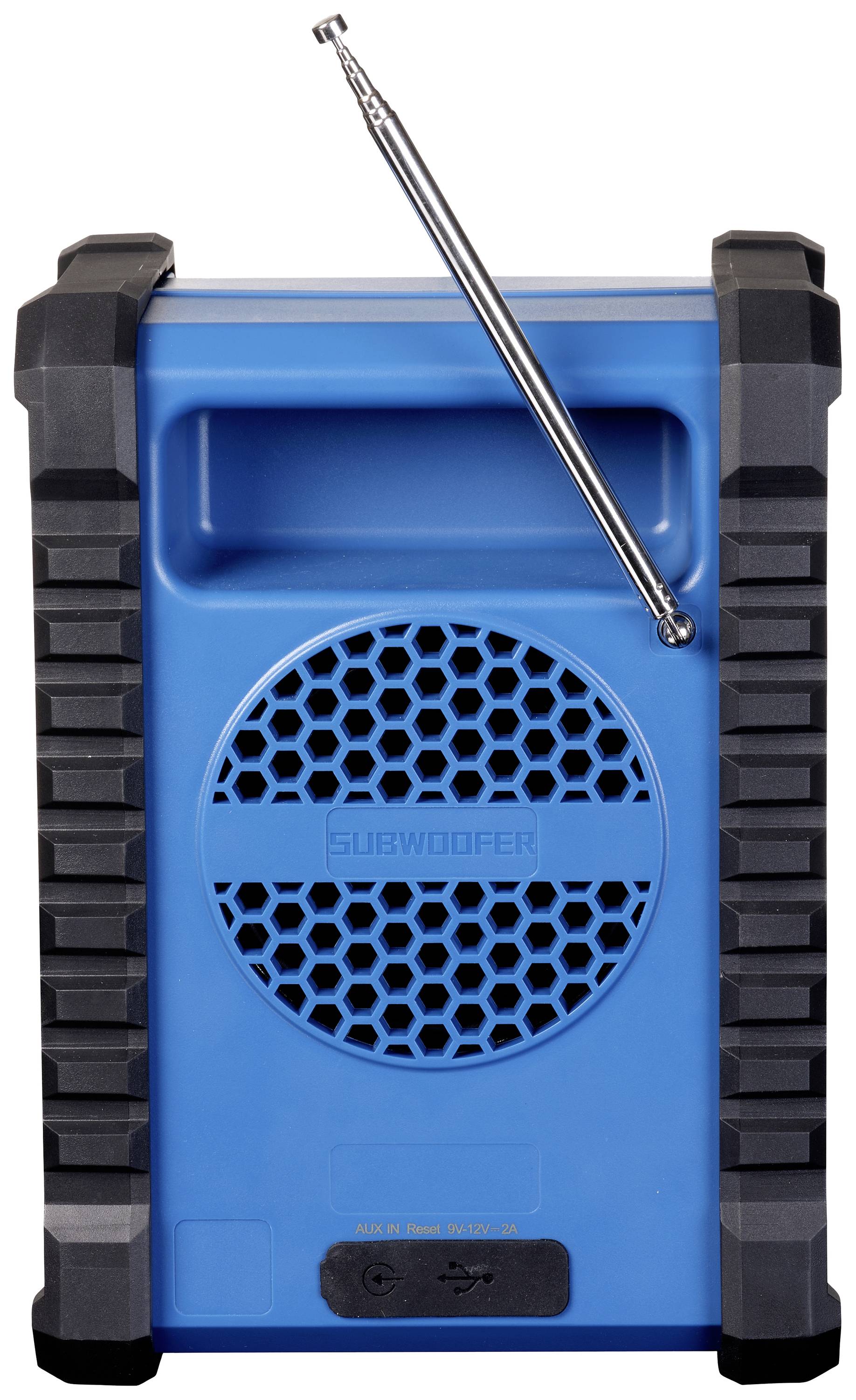 Blaue tragbare Lautsprecherbox mit herausziehbarer Antenne und Subwoofer, geeignet für Outdoor-Audioabspielung.