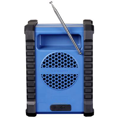 Blaue tragbare Lautsprecherbox mit herausziehbarer Antenne und Subwoofer, geeignet für Outdoor-Audioabspielung.