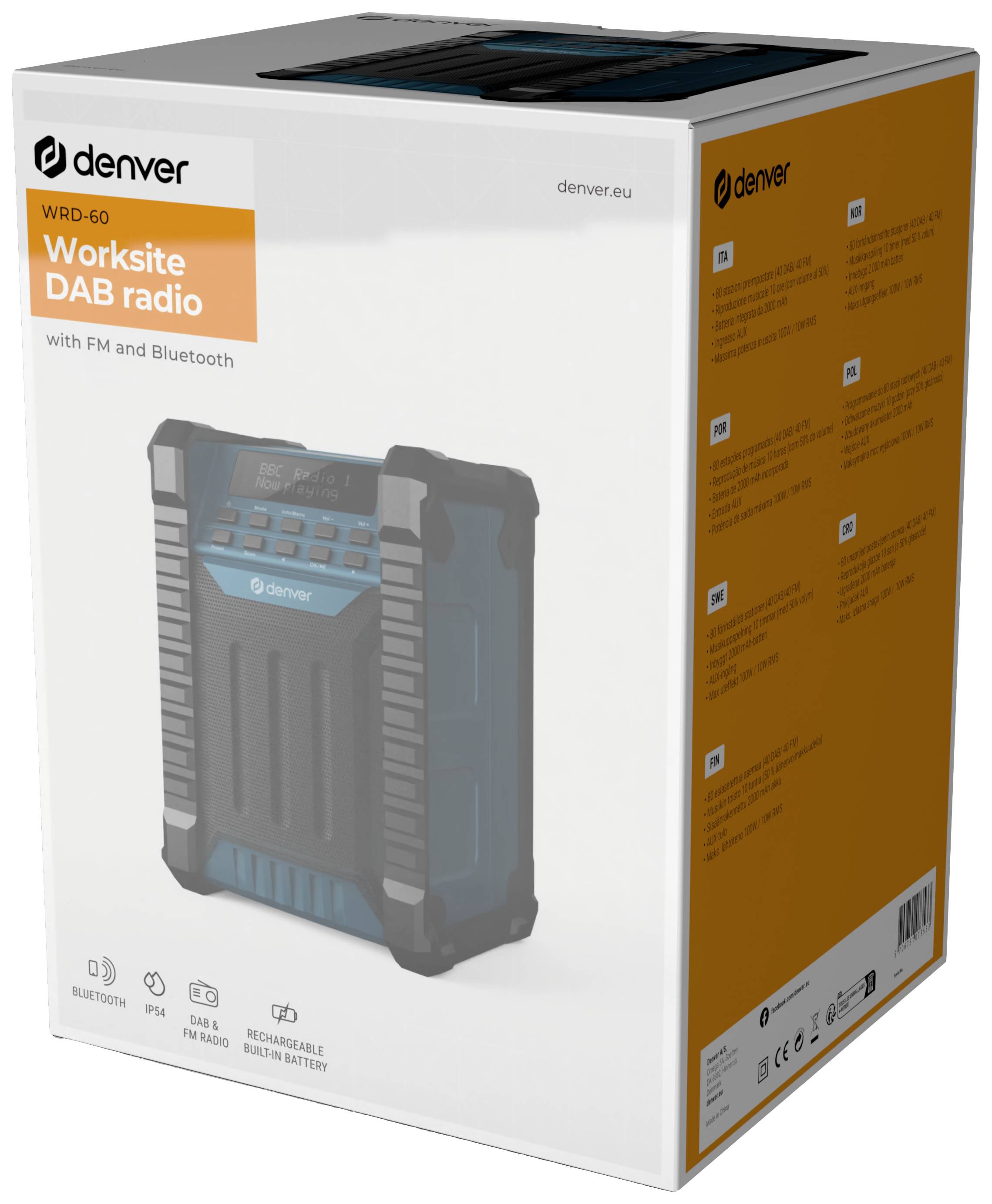 Verpackung eines 'Denver WRD-60 Worksite DAB Radio' mit FM und Bluetooth. Bild des Radios, Funktionen und Spezifikationen auf der Seite.