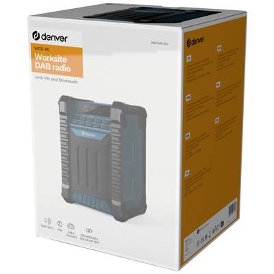 Verpackung eines 'Denver WRD-60 Worksite DAB Radio' mit FM und Bluetooth. Bild des Radios, Funktionen und Spezifikationen auf der Seite.