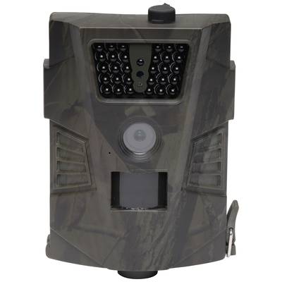 Eine tarnfarbene Wildkamera mit Infrarot-LEDs und Objektiv in der Mitte, geeignet für die Überwachung von Wildtieren im Freien.