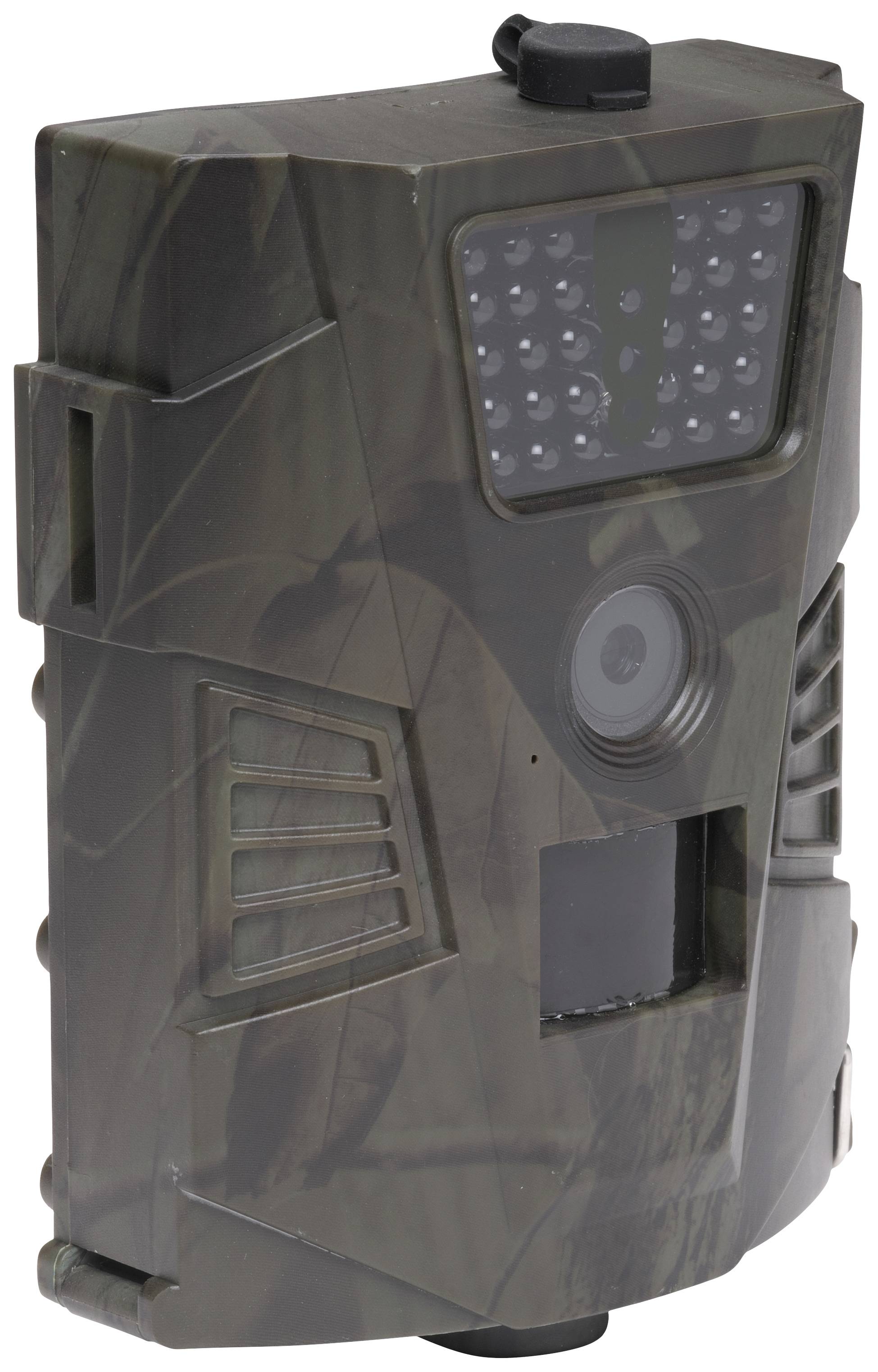 Eine tarnfarbene Wildkamera mit LEDs oben, Linsen in der Mitte und Sensor unten.