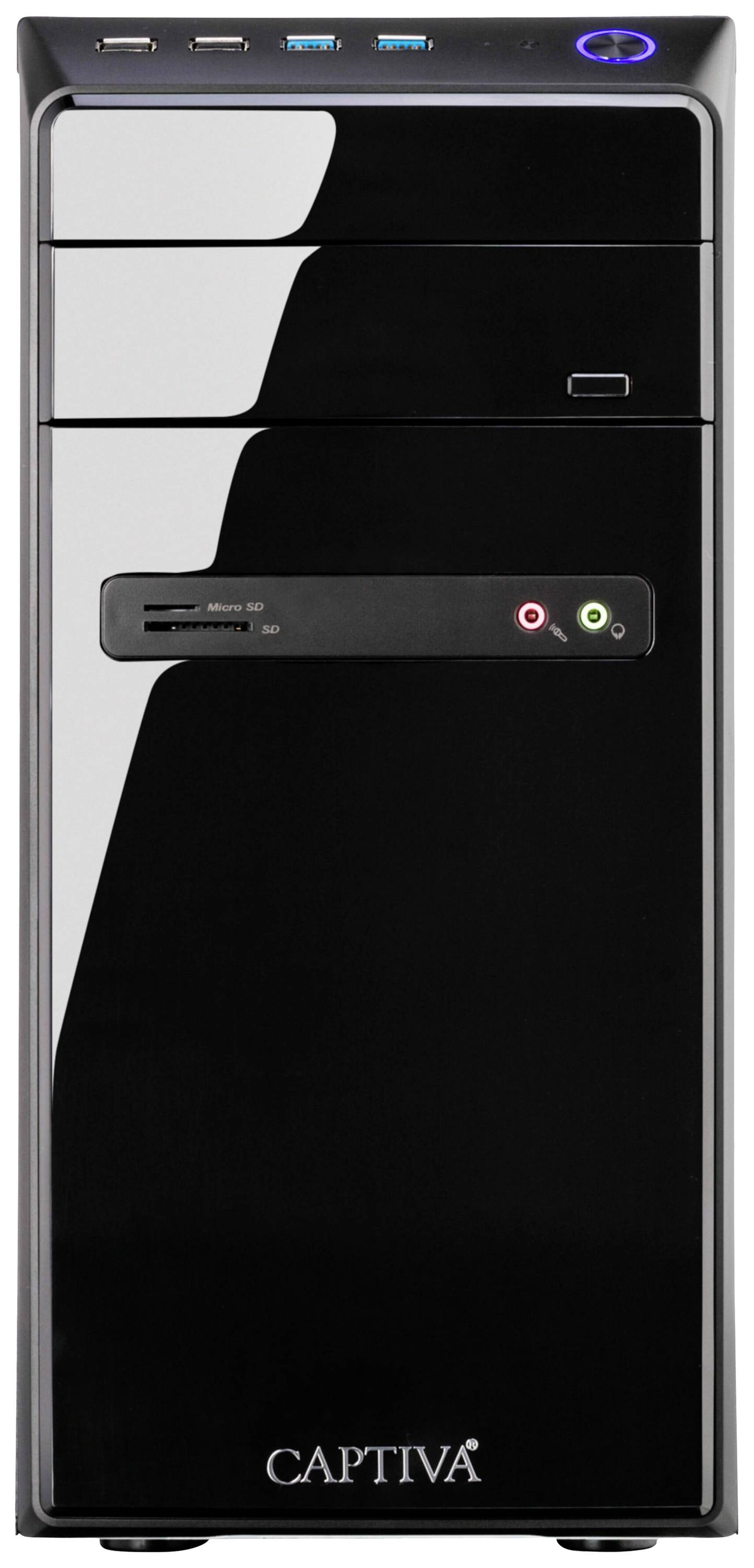 Schwarzer Computer-Tower mit USB-Anschlüssen oben und Lüftungsschlitzen.