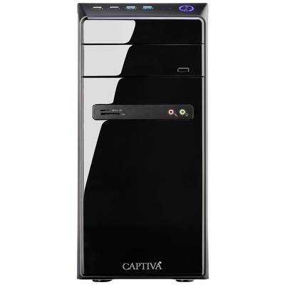Ein schwarzer Computer-Tower mit USB-Anschlüssen und Kopfhörerbuchse auf der Vorderseite. Das Markenlogo 'CAPTIVA' ist unten sichtbar.