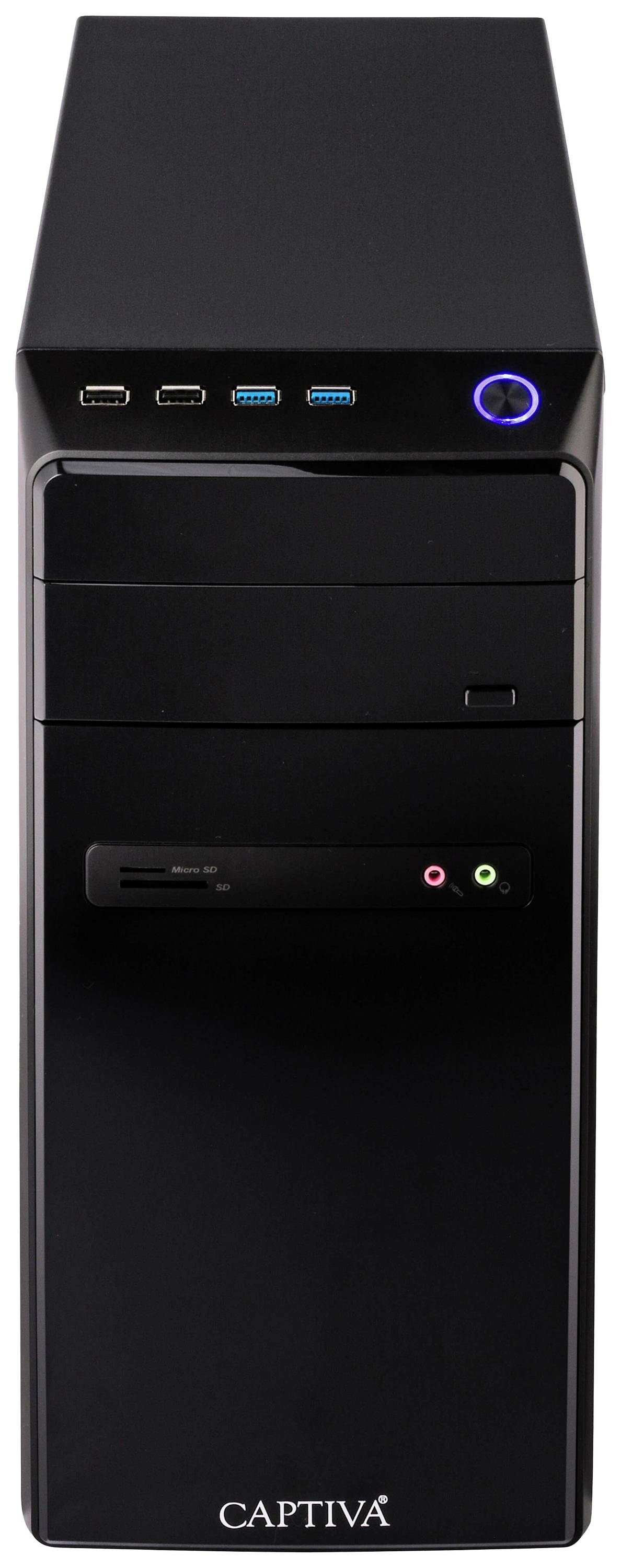 Schwarzes Computergehäuse mit USB-Anschlüssen und einem Einschaltknopf oben. Das Logo 'Captiva' befindet sich unten.
