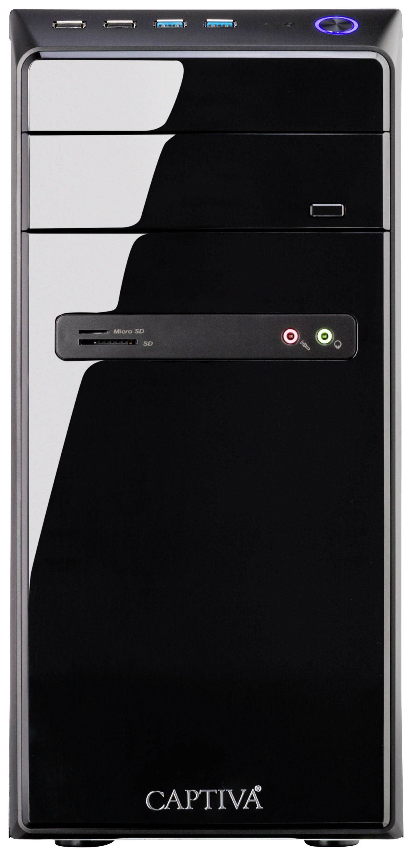 Schwarzer Computer-Tower mit USB-Anschlüssen und Audiobuchsen vorne. Markenname 'CAPTIVA' unten.