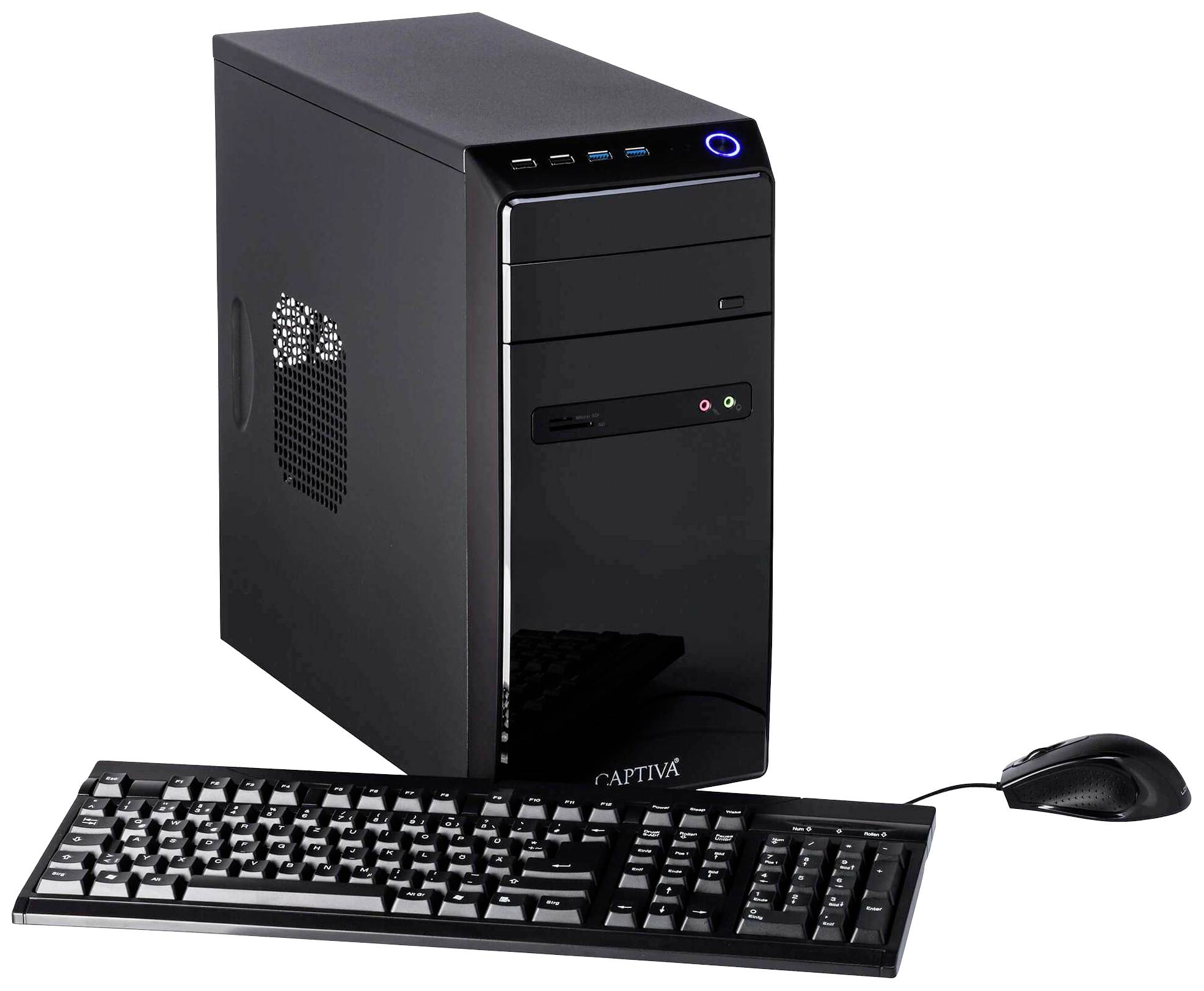 Ein schwarzer Desktop-Computer mit Tower-Gehäuse, Tastatur und Maus; Hauptschalter leuchtet blau.