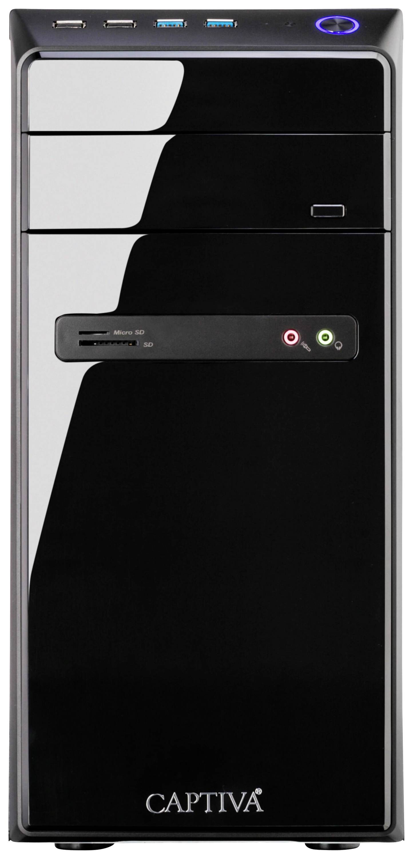 Ein schwarzer Computer-Tower mit USB-Anschlüssen und Audioanschlüssen vorne. Markenname 'Captiva' unten auf dem Gehäuse.