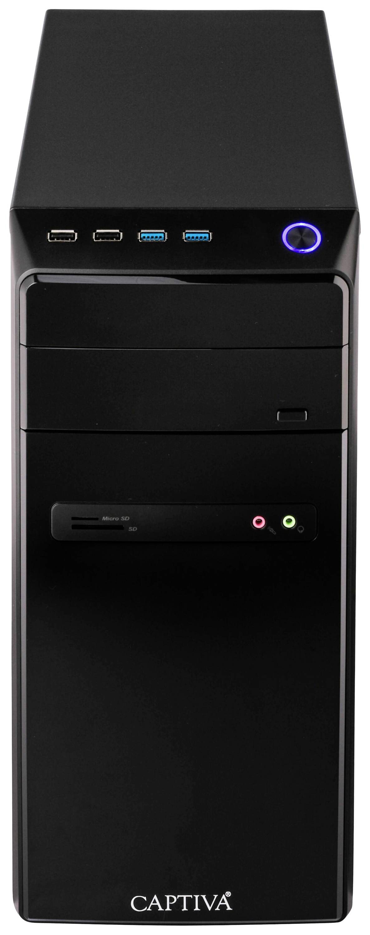 Schwarzer Computer-Tower mit zwei USB-3.0- und zwei USB-2.0-Anschlüssen oben. Markenname 'CAPTIVA' unten auf der Frontseite.