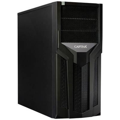 Schwarzes Computergehäuse mit Lüftungsgittern an der Vorderseite und der Aufschrift 'CAPTIVA'.
