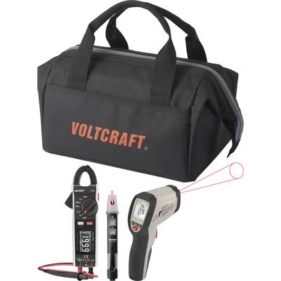 Eine schwarze Voltcraft-Tasche mit einem Spannungsmessgerät, einem berührungslosen Spannungsprüfer und einem Infrarot-Thermometer davor.