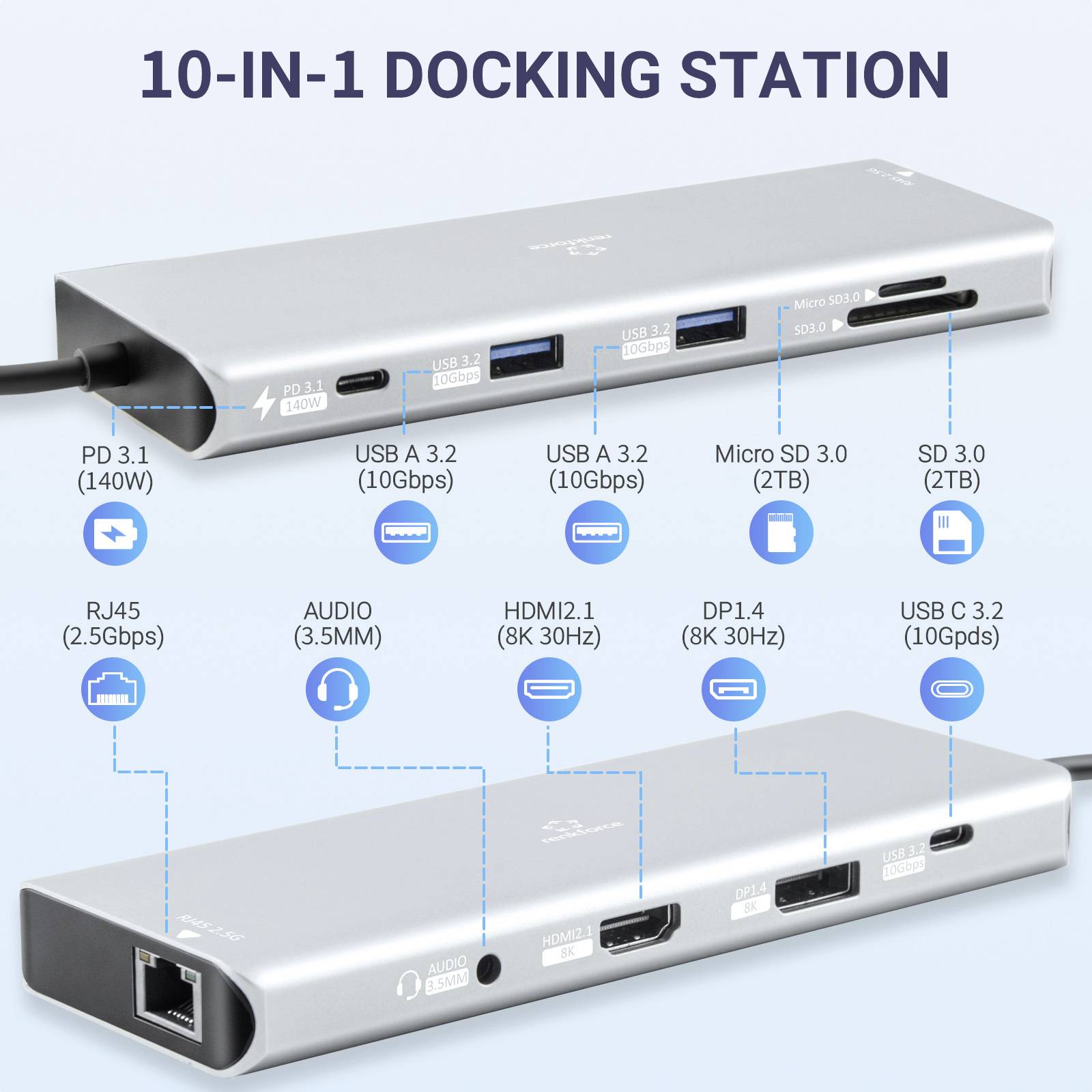 Renkforce USB-C® Dockingstation RF-DKS-905 10-in-1 8K PD 3.1 Passend für Marke Dockingstations: Universal USB-C® Power D-16