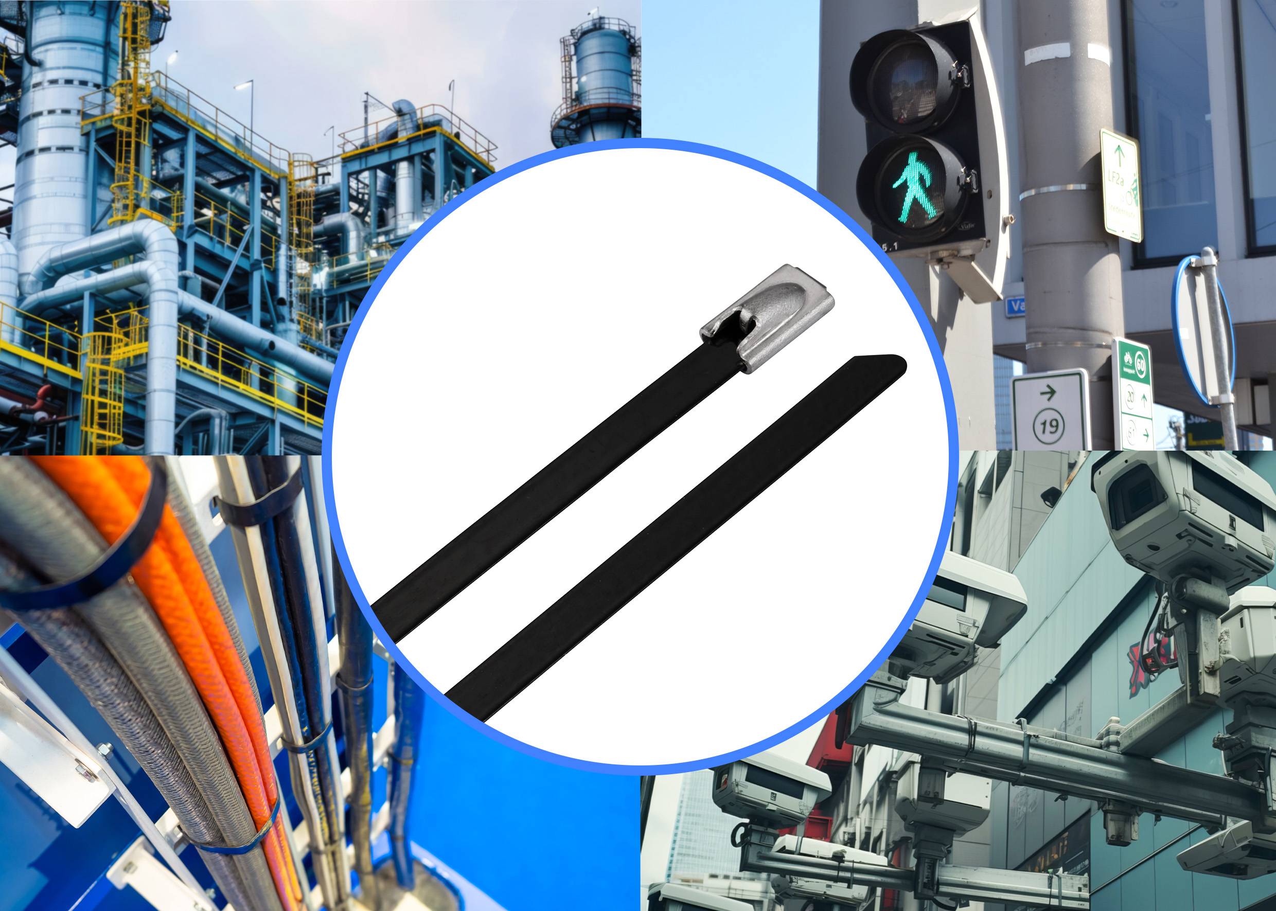 'Collage zeigt Industrieanlagen, Kabel, Sicherheitskameras und eine grüne Fußgängerampel innerhalb eines blauen Kreises.'
