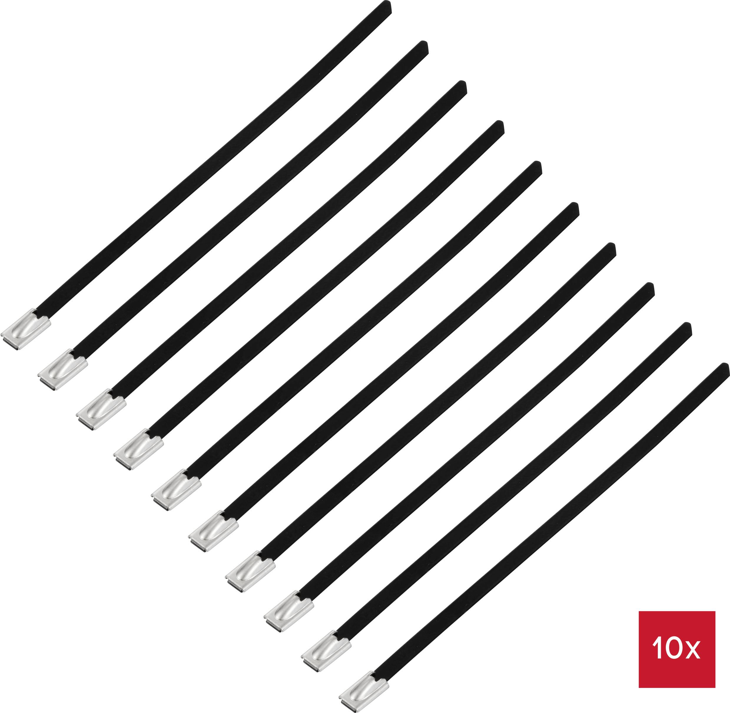 Zehn schwarze Kabelbinder in einer Reihe. Ein rotes Kästchen in der Ecke zeigt '10x', was die Anzahl der Kabelbinder angibt.