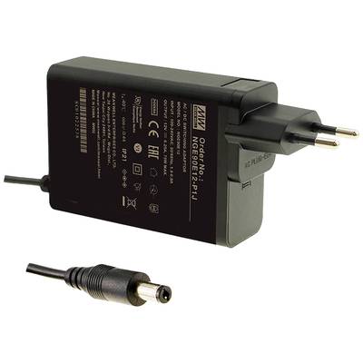 Schwarzes Netzteil mit einem Eurostecker und einem runden DC-Ausgangskabel. Eignet sich zum Laden elektronischer Geräte.