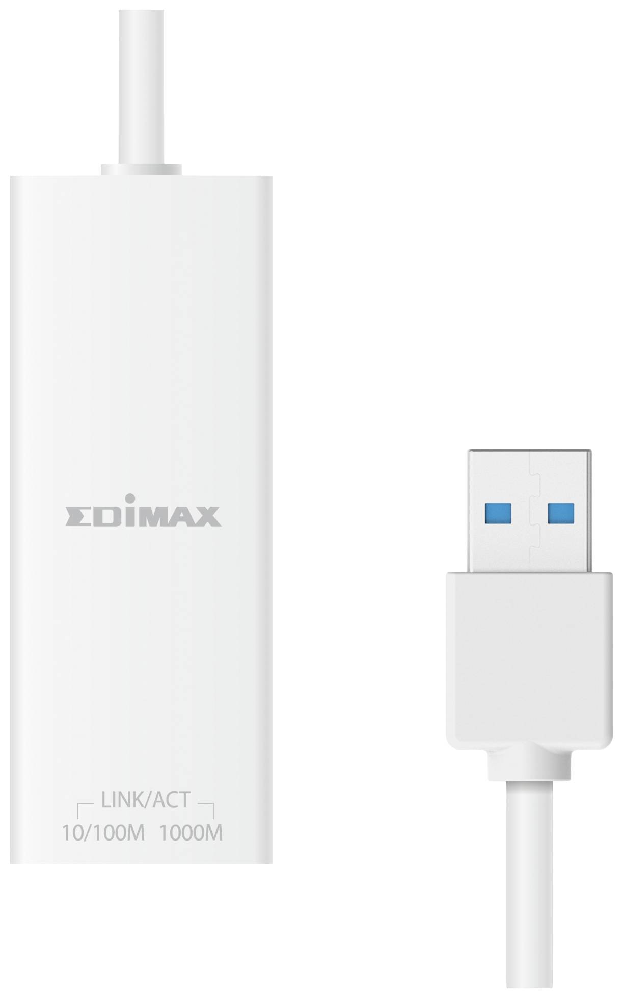 USB-zu-Ethernet-Adapter der Marke Edimax, weißes Design, mit USB 3.0-Anschluss und LED-Anzeigen für Netzwerkgeschwindigkeit: 10/100/1000 Mbit/s.