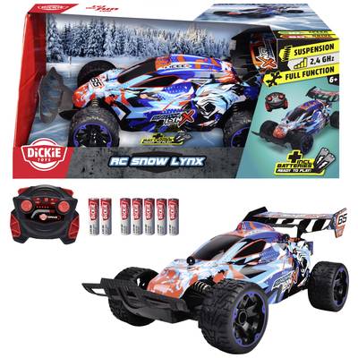 Spielzeugauto 'RC Snow Lynx' mit Fernsteuerung. Auto in blau-rotem Design, vollständig funktionstüchtig, ab 6 Jahren geeignet. Batterien inklusive. Verpackung zeigt das Fahrzeug in winterlicher Landschaft.
