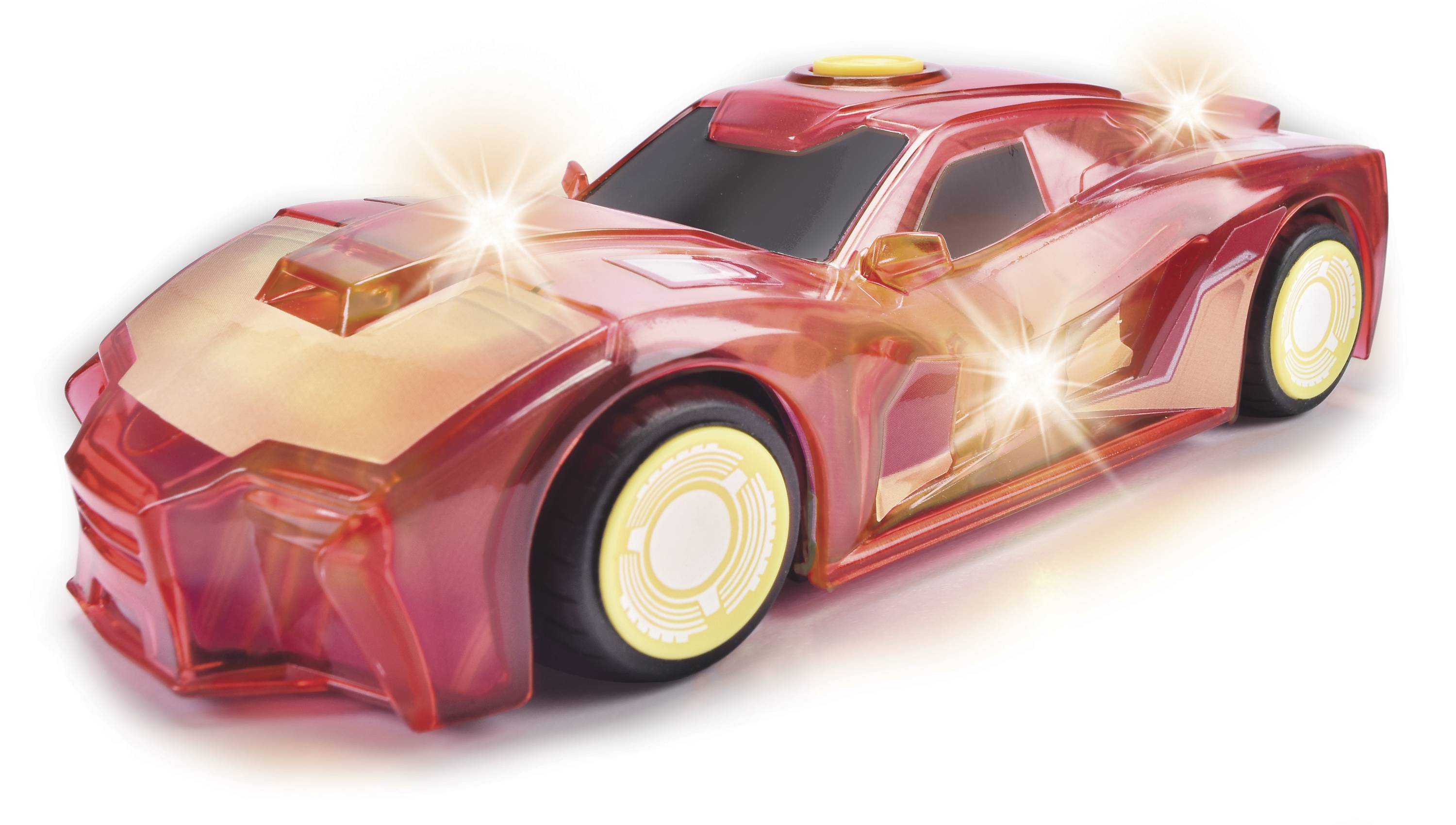 Rotes Spielzeugauto mit gelben Lichtern auf den Rädern und der Karosserie, das futuristisch gestaltet ist und leuchtet.