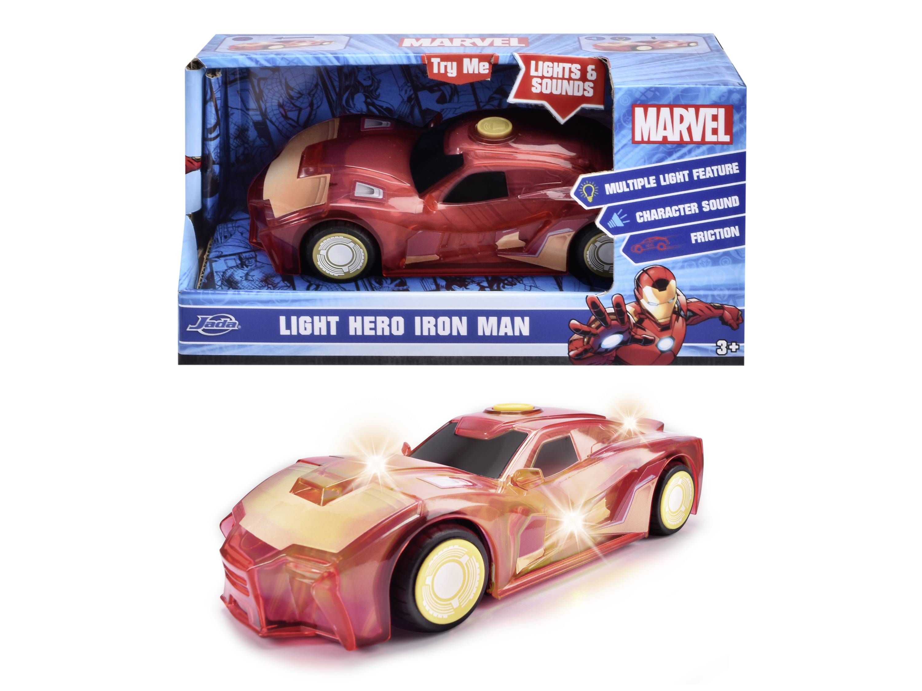 Spielzeugauto 'Light Hero Iron Man' mit Lichtern und Geräuschen in Rot. Verpackung zeigt Abbildung und Logo. Geeignet ab 3 Jahren.