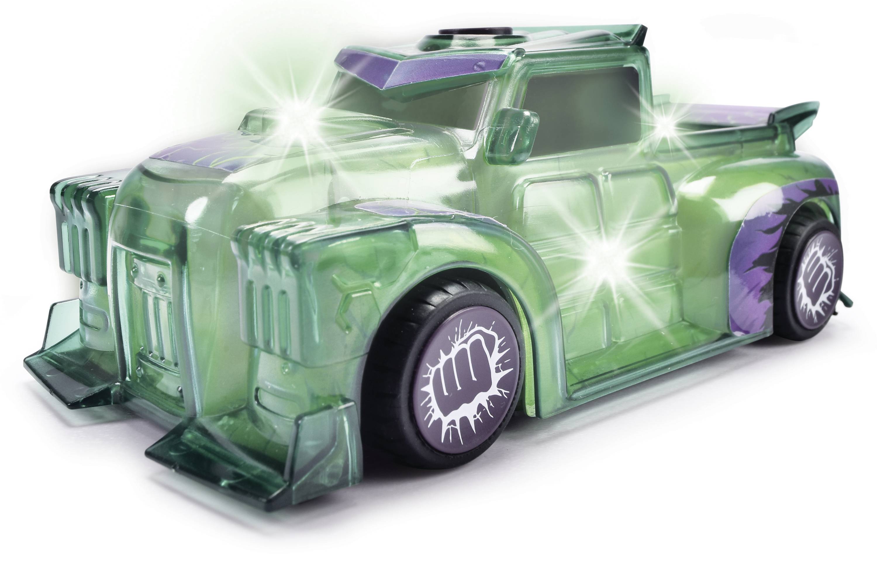 Ein grünes Spielzeugauto in futuristischem Design mit lila Akzenten und leuchtenden Lichtern, das dynamische Energie ausstrahlt.