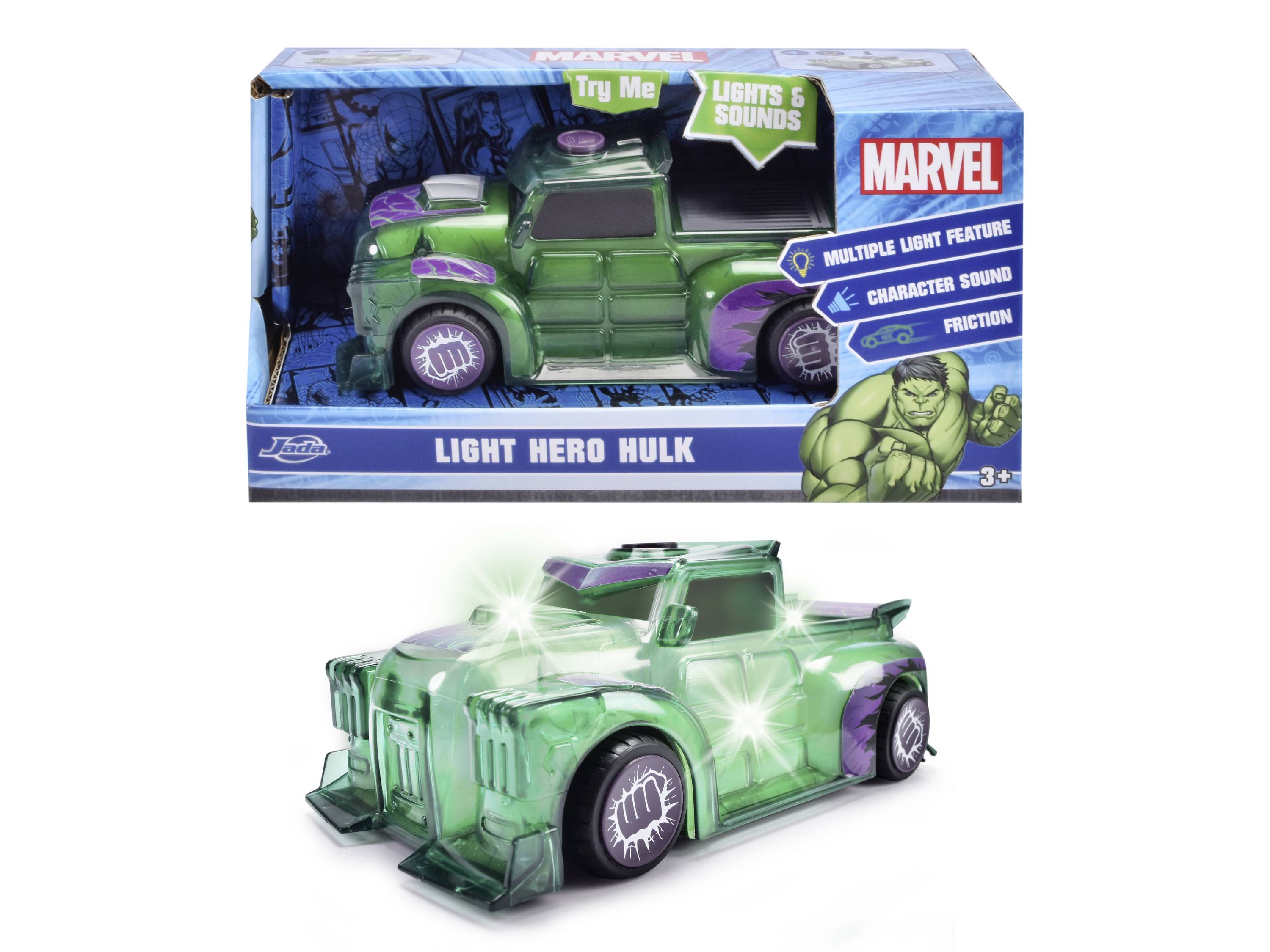 Spielzeugauto 'Light Hero Hulk' in Grün mit leuchtenden Details. Verpackung zeigt Illustrationen und Markenlogo, Alter 3+.