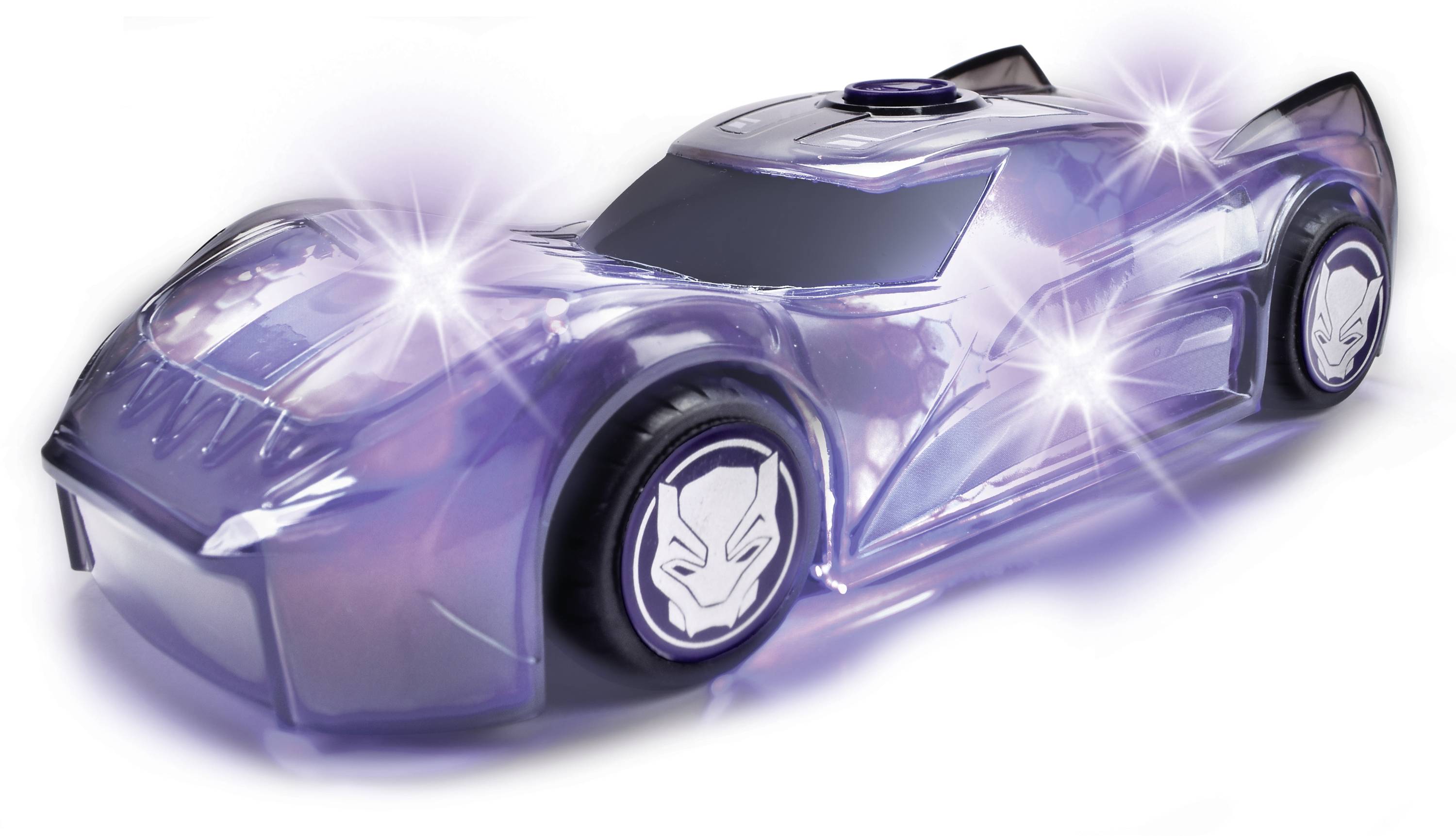 Ein futuristisches Spielzeugauto in Lila und Silber mit leuchtenden Details und einem Panther-Logo auf den Rädern.