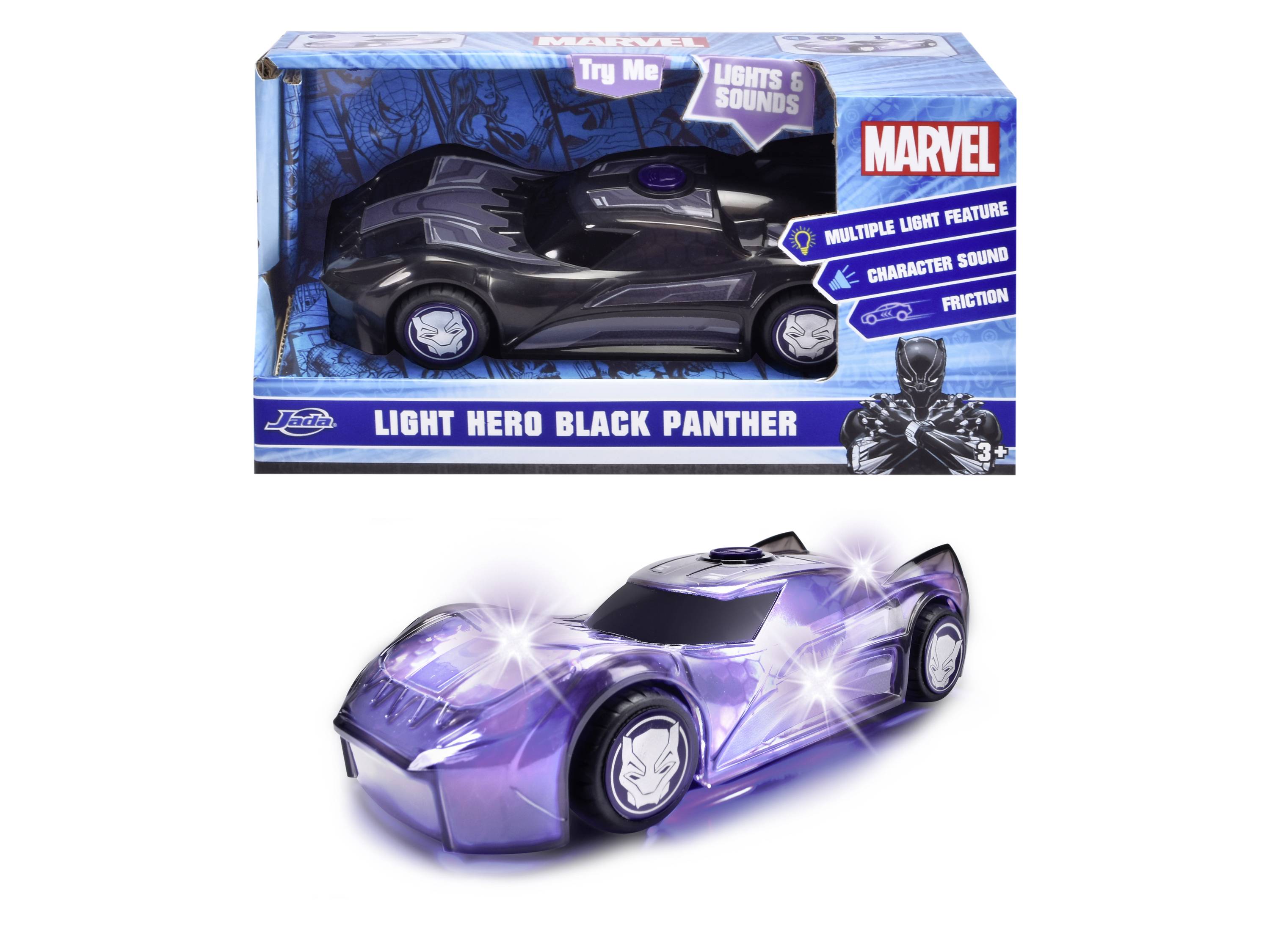 Spielzeugauto mit Black Panther-Motiv, lila und schwarz, enthält Licht- und Soundeffekte. Verpackung mit Marvel-Branding.