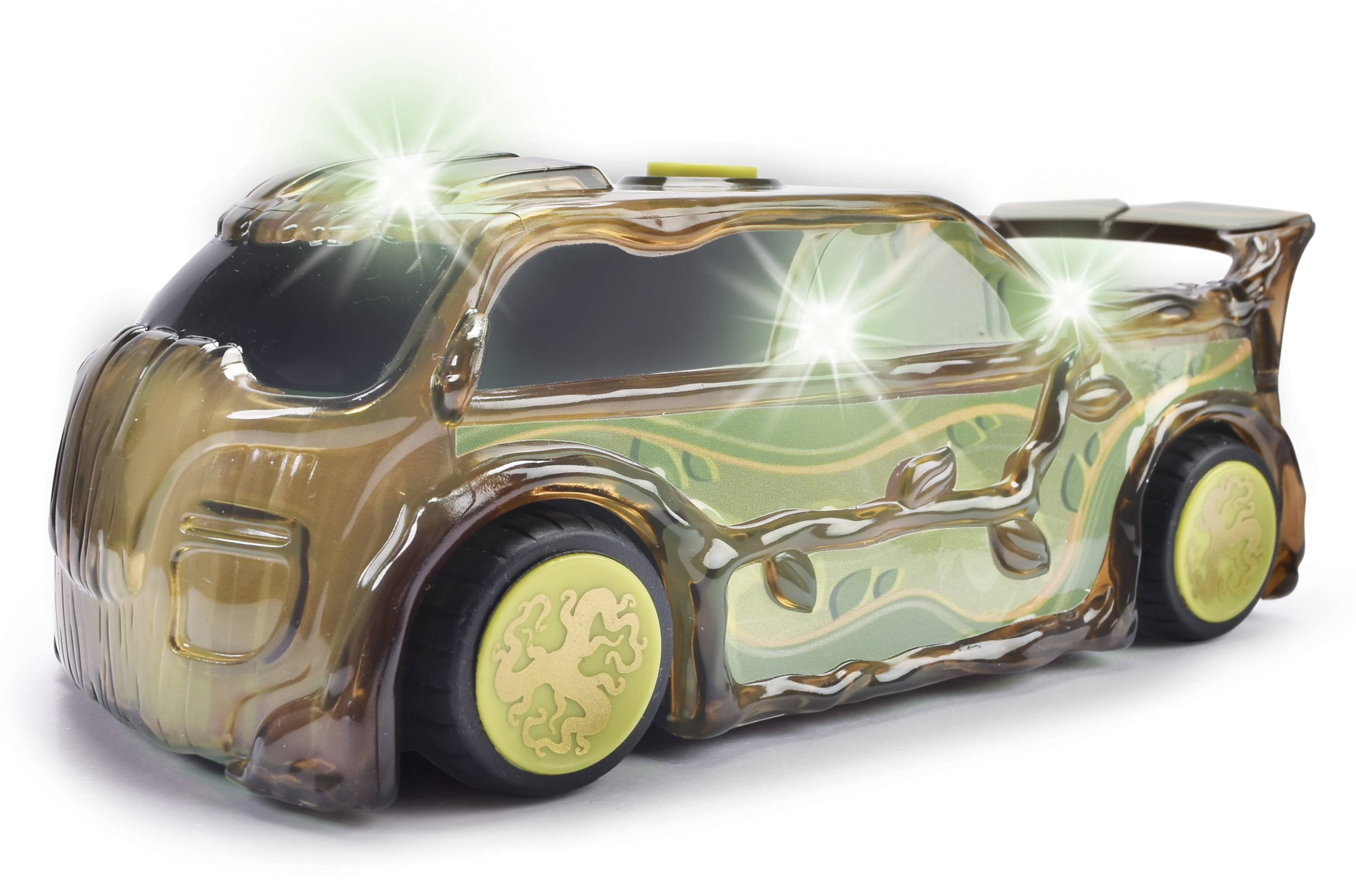 Spielzeugauto in glänzendem Design mit grünen und braunen Farben, verziert mit leuchtenden Lichtern und Blättermuster.
