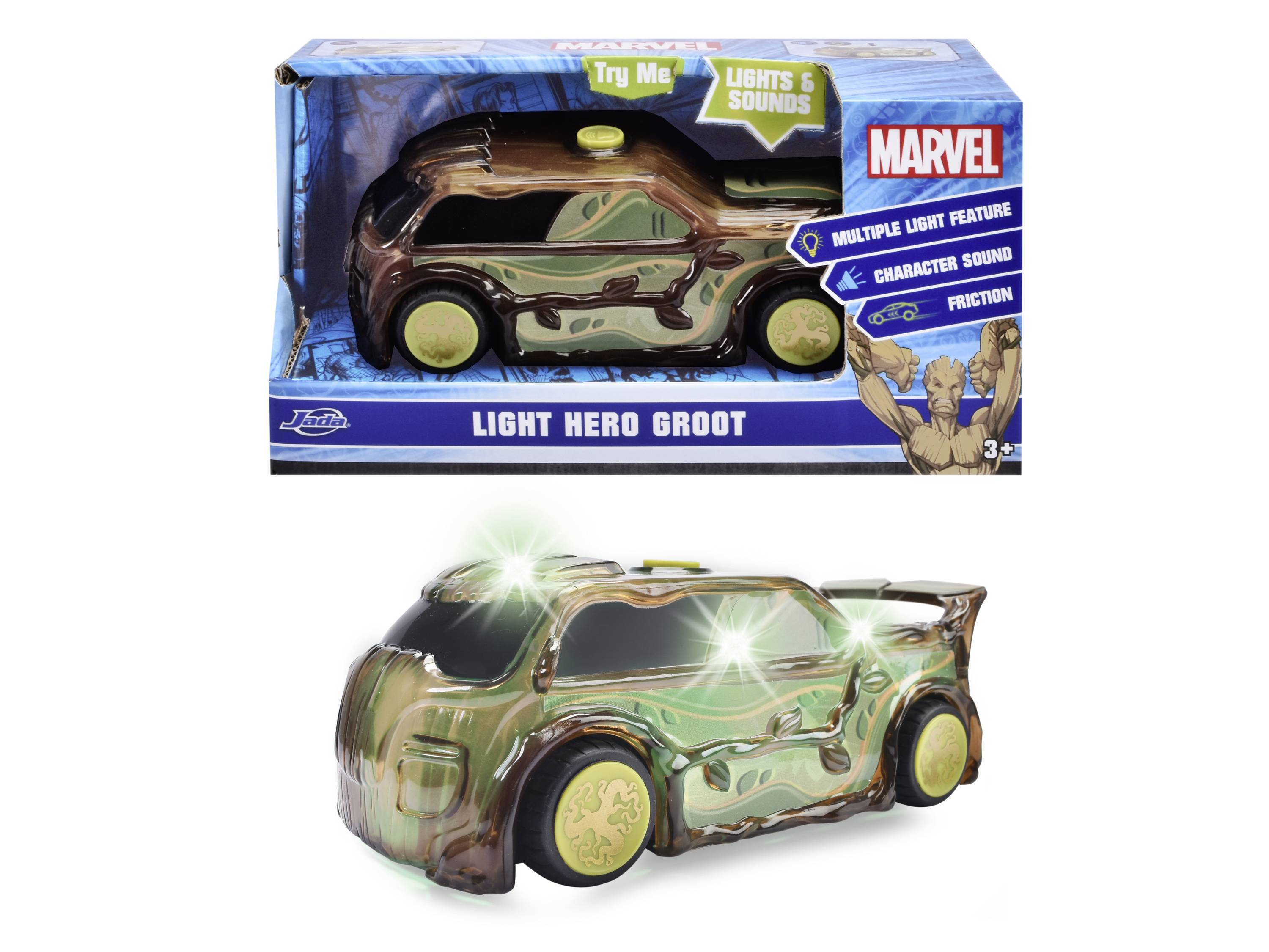 Ein Spielzeugauto mit "Light Hero Groot" Thema. Es hat leuchtende Lichter und macht Geräusche. Verpackung zeigt den Charakter Groot.