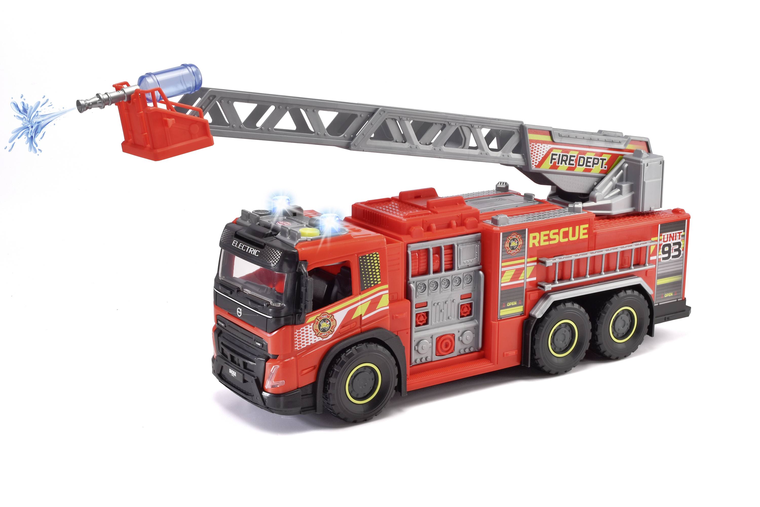 Rotes Spielzeug-Feuerwehrauto mit grauer Leiter, seitlich beschriftet mit 'Fire Dept. Rescue Unit 93', simuliert Wasserstrahl.