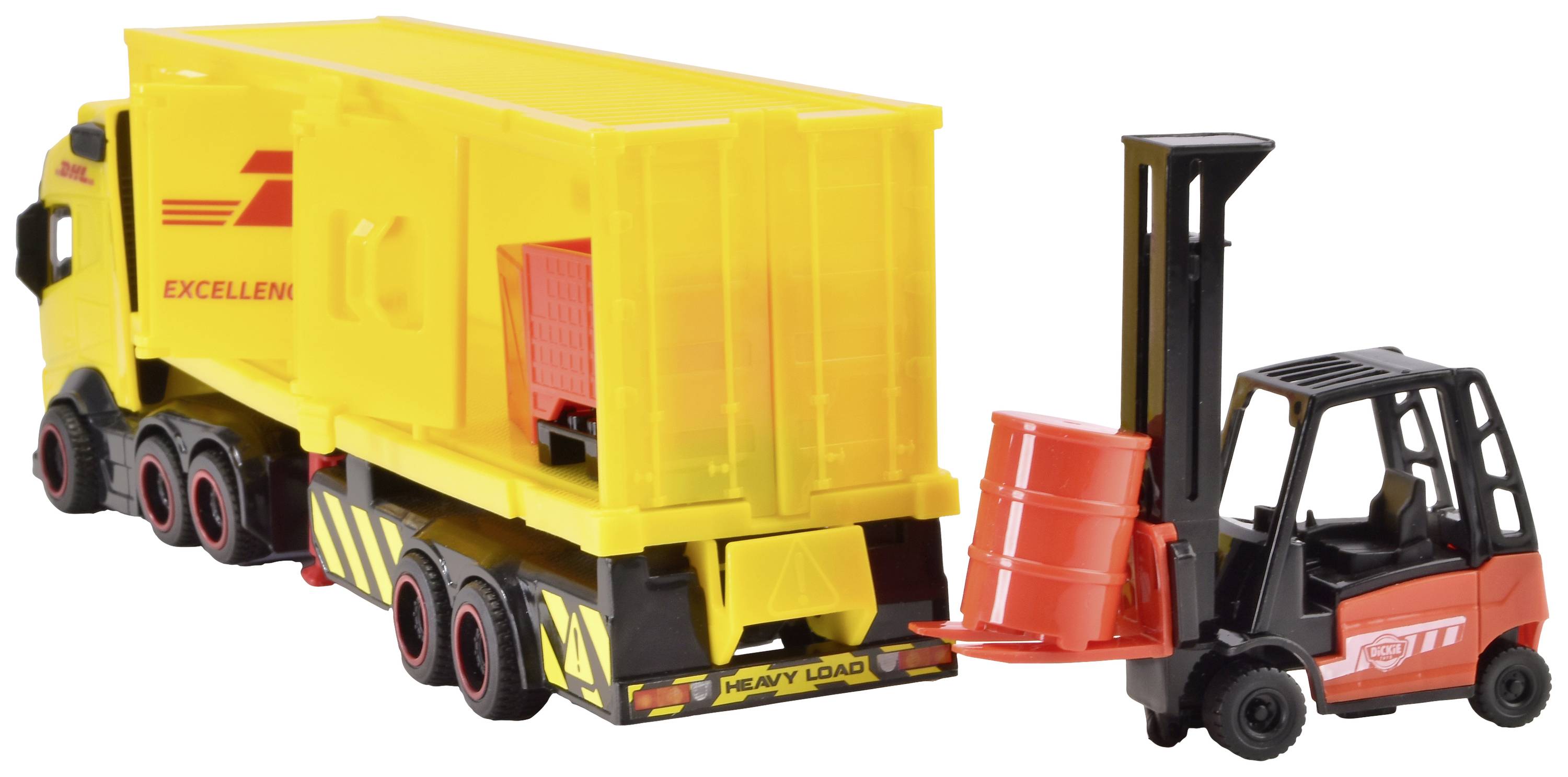 Ein gelber LKW mit gelbem Container und ein Gabelstapler, der ein rotes Fass hebt. Hintergrund ist neutral.